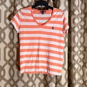 Ralph Lauren Orange and White Striped Tee Medium 0112